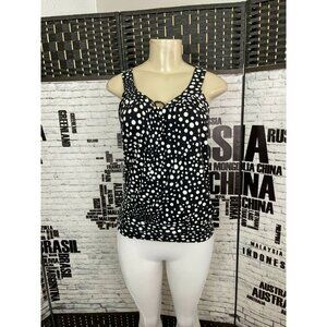 Spense L Black-White Dot Print Scoop Neck Metal Detail Sleeveless Top